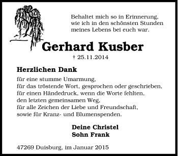 Traueranzeige von Gerhard Kusber von Tageszeitung