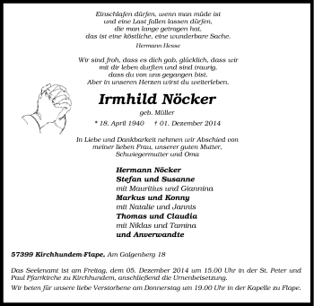 Traueranzeige von Irmhild Nöcker von Tageszeitung