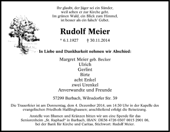 Traueranzeige von Rudolf Meier von Tageszeitung