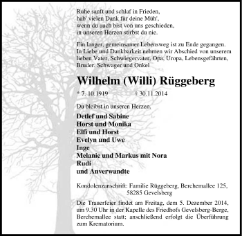 Traueranzeige von Wilhelm Rüggeberg von Tageszeitung