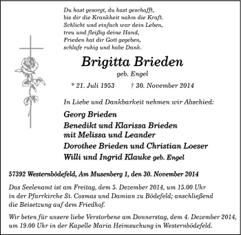 Traueranzeige von Brigitta Brieden von Tageszeitung