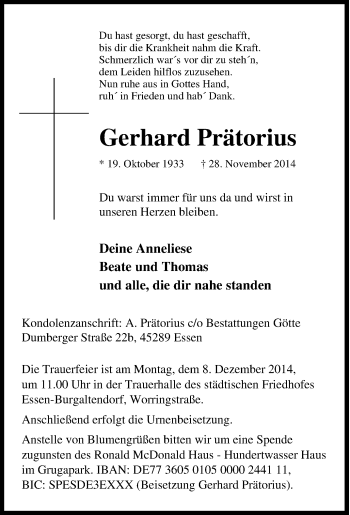Traueranzeige von Gerhard Prätorius von Tageszeitung