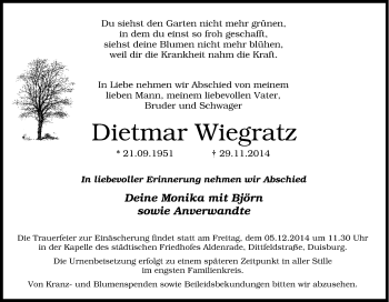 Traueranzeige von Dietmar Wiegratz von Tageszeitung