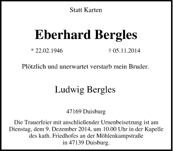 Traueranzeige von Eberhard Bergles von Tageszeitung