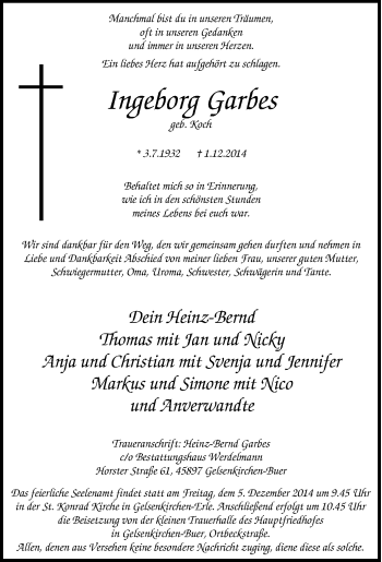 Traueranzeige von Ingeborg Garbes von Tageszeitung