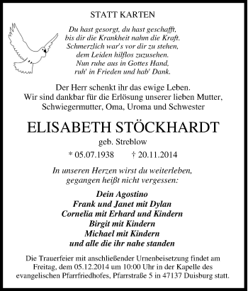 Traueranzeige von Elisabeth Stöckhardt von Tageszeitung