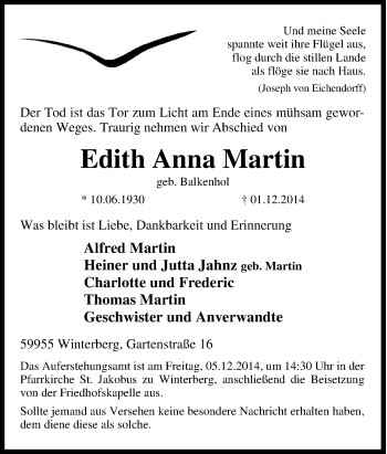 Traueranzeige von Edith Anna Martin von Tageszeitung