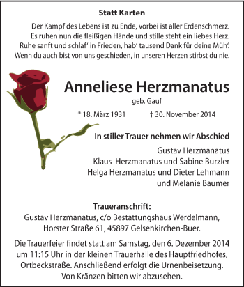 Traueranzeige von Anneliese Herzmanatus von Tageszeitung