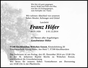 Traueranzeige von Franz Höfer von Tageszeitung
