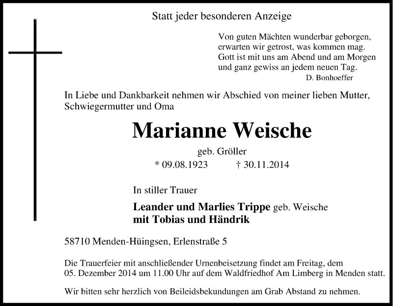  Traueranzeige für Marianne Weische vom 03.12.2014 aus Tageszeitung