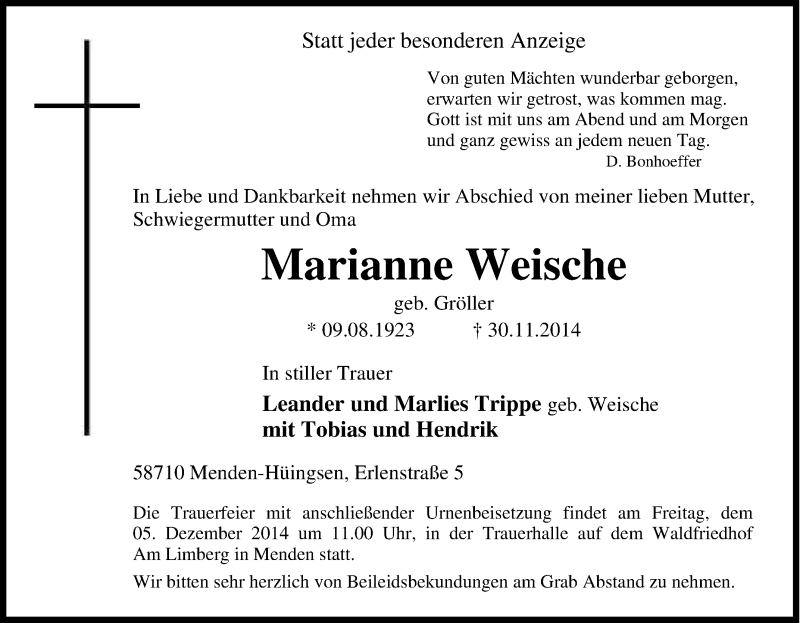  Traueranzeige für Marianne Weische vom 04.12.2014 aus Tageszeitung