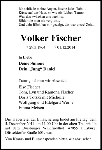 Traueranzeige von Volker Fischer von Tageszeitung