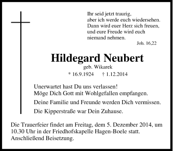 Traueranzeige von Hildegard Neubert von Tageszeitung