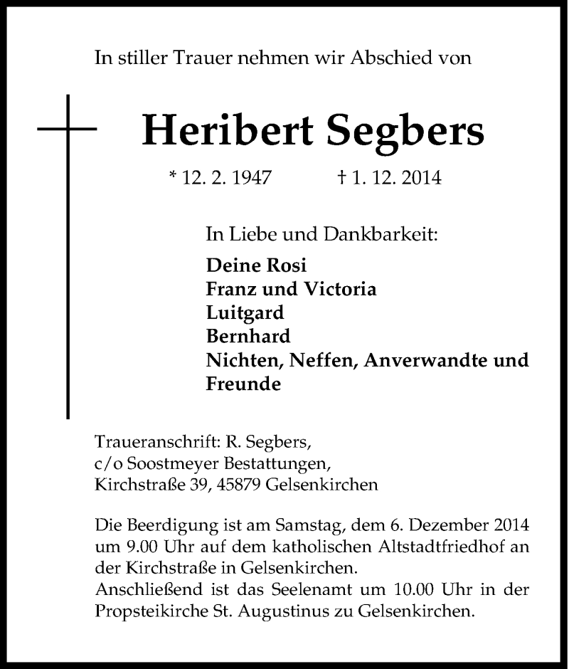  Traueranzeige für Heribert Segbers vom 03.12.2014 aus Tageszeitung