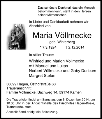 Traueranzeige von Maria Völlmecke von Tageszeitung