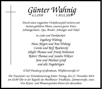 Traueranzeige von Günter Wahnig von Tageszeitung