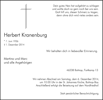 Traueranzeige von Herbert Kranenburg von Tageszeitung