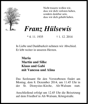 Traueranzeige von Franz Hülsewis von Tageszeitung