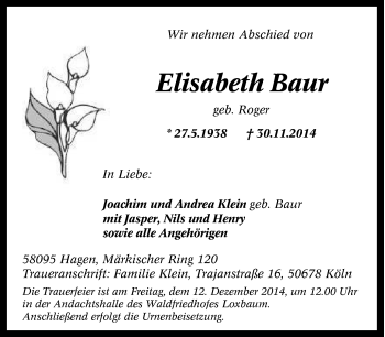 Traueranzeige von Elisabeth Baur von Tageszeitung