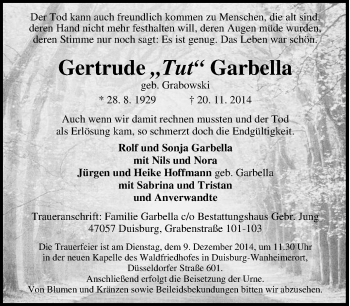 Traueranzeige von Gertrude Garbella von Tageszeitung