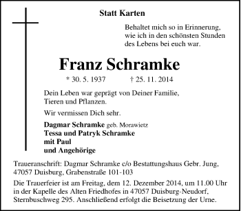 Traueranzeige von Franz Schramke von Tageszeitung