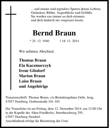 Traueranzeige von Bernd Braun von Tageszeitung