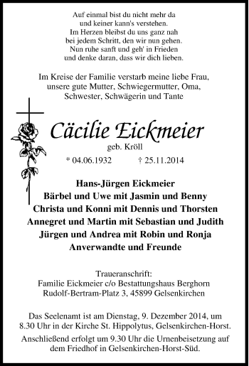 Traueranzeige von Cäcilie Eickmeier von Tageszeitung