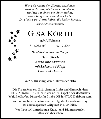 Traueranzeige von Gisa Korth von Tageszeitung