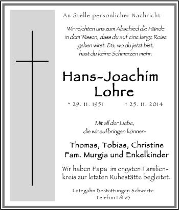 Traueranzeige von Hans-Joachim Lohre von Tageszeitung