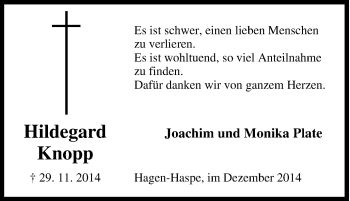Traueranzeige von Hildegard Knopp von Tageszeitung