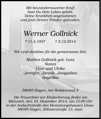 Traueranzeige von Werner Gollnick von Tageszeitung