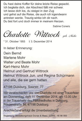 Traueranzeige von Charlotte Wittrock von Tageszeitung