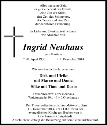 Traueranzeige von Ingrid Neuhaus von Tageszeitung