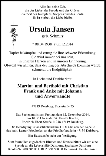 Traueranzeige von Ursula  Jansen  von Tageszeitung