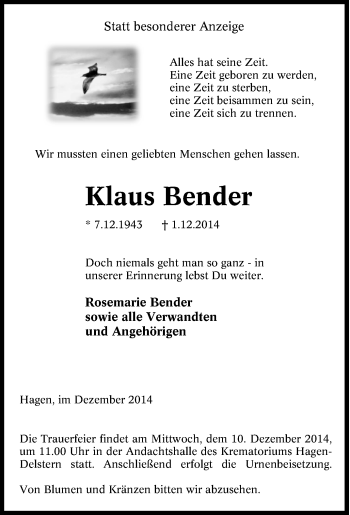 Traueranzeige von Klaus Bender von Tageszeitung