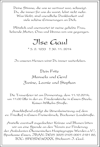 Traueranzeige von Ilse Gaul von Tageszeitung