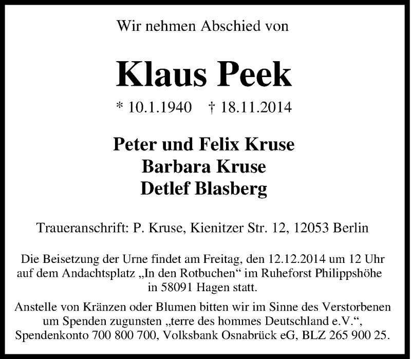  Traueranzeige für Klaus Peek vom 06.12.2014 aus Tageszeitung