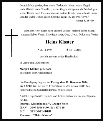 Traueranzeige von Heinz Kloster von Tageszeitung