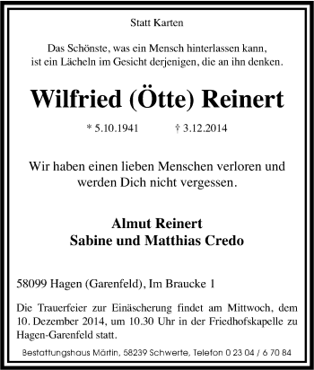 Traueranzeige von Wilfried Reinert von Tageszeitung