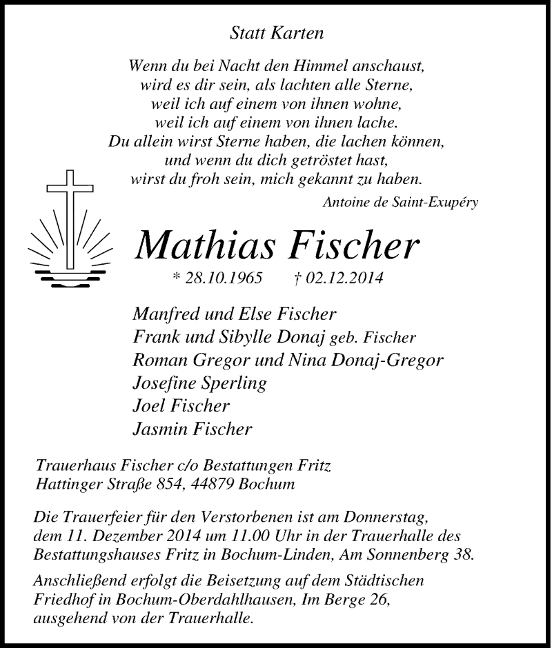  Traueranzeige für Mathias Fischer vom 06.12.2014 aus Tageszeitung