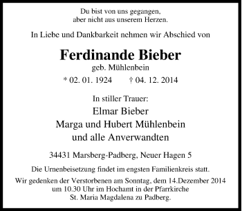 Traueranzeige von Ferdinande Bieber von Tageszeitung