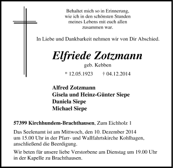 Traueranzeige von Elfriede Zotzmann von Tageszeitung