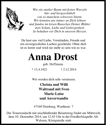Traueranzeige von Anna Drost von Tageszeitung