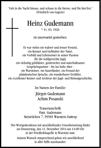 Traueranzeige von Heinz Gudemann von Tageszeitung
