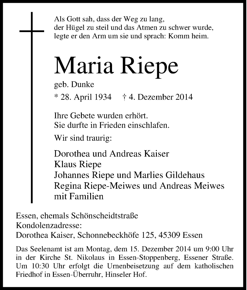  Traueranzeige für Maria Riepe vom 06.12.2014 aus Tageszeitung