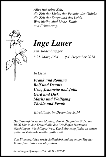 Traueranzeige von Inge Lauer von Tageszeitung