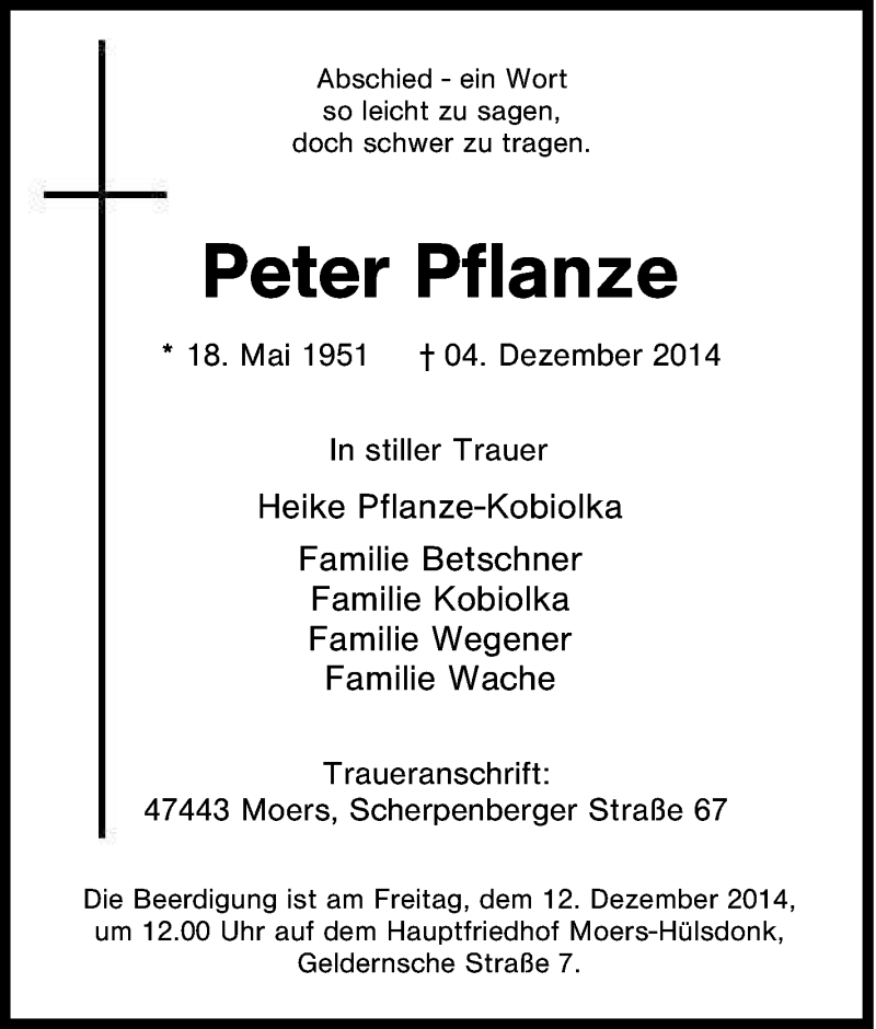  Traueranzeige für Peter Pflanze vom 09.12.2014 aus Tageszeitung