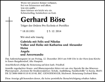 Traueranzeige von Gerhard Böse von Tageszeitung
