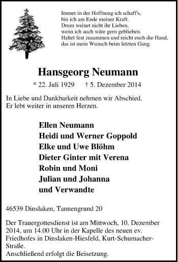 Traueranzeige von Hansgeorg Neumann von Tageszeitung