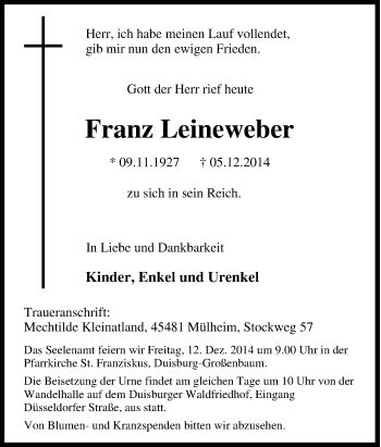 Traueranzeige von Franz Leineweber von Tageszeitung